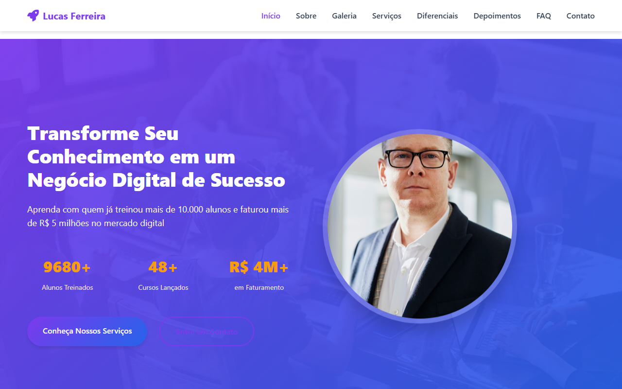 Captura de tela do site Lucas Ferreira - Mentor Digital